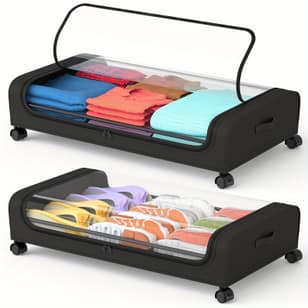 Underbed Storage with Wheels, 2Pack XXL Large 65L Underbed Storage Containers, Under Bed Organizer for Bedroom Dorm, Under Bed Rolling Storage for Clothes, Bedding, Shoes, Blankets, Books, Under-Bed Storage, Black, Grey, Under-Bed Storage
