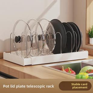 Adjustable Kitchen Pot and Pan Rack - Expandable Countertop or Cabinet Organizer for Cookware, Lids, and Dishes