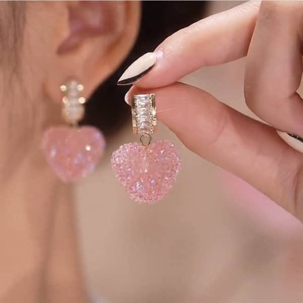 Arrival Trendy Lovely Pink Heart Dangle Earrings For Women Fashion Cute Sweet Crystal Jewelry Girl Gifts 4Color