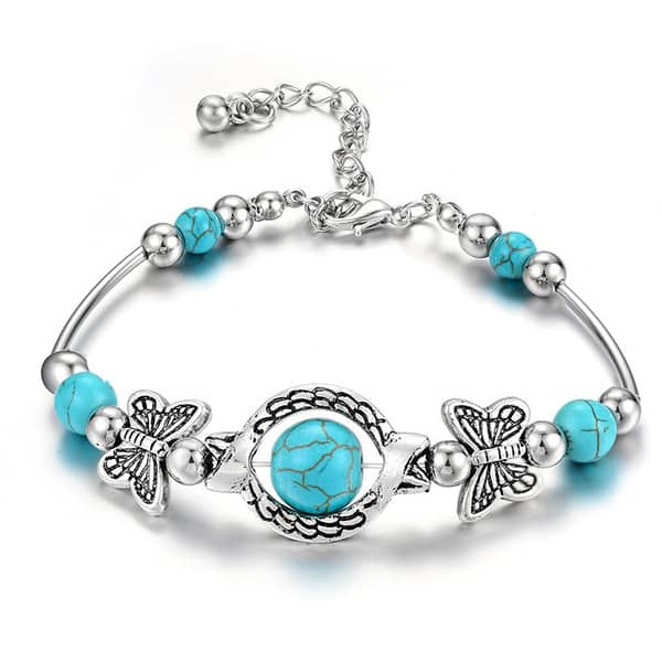 Women Fashion Turquoise Beads Charm Bracelet Jewelry Vintage Butterfly Chain Beads Bracelet & Bangle Wedding Gift