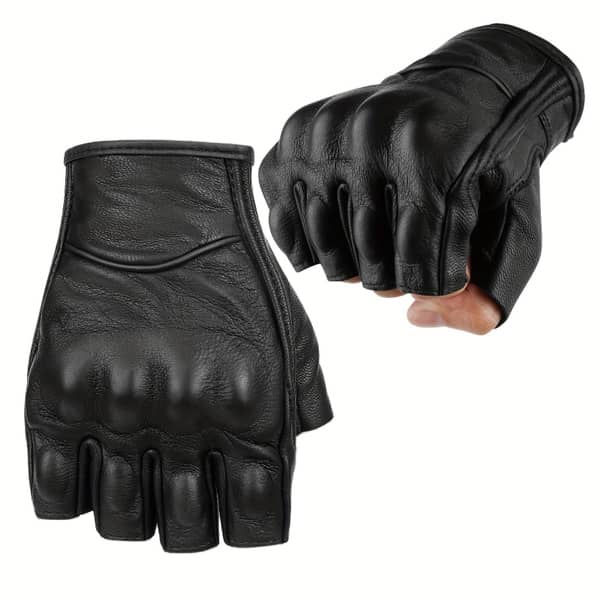 1pair Fingerless Leather Gloves for Men Black Breathable Leather Riding Motorcycle Gloves Summer Driving Cycling