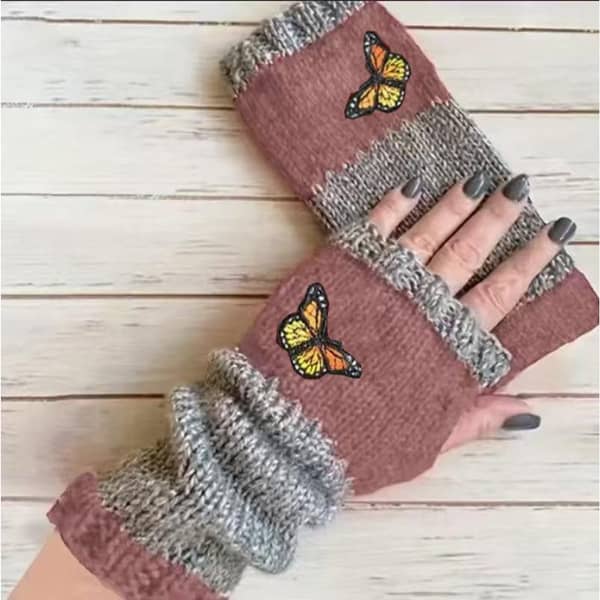 Autumn and winter heart-shaped contrasting color retro warm fashion finger gloves